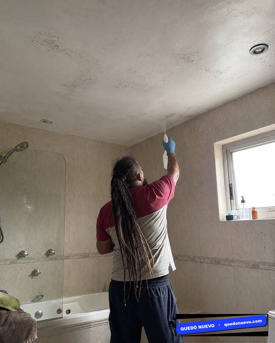 Limpieza de cielorraso de baño con hongo, a mano