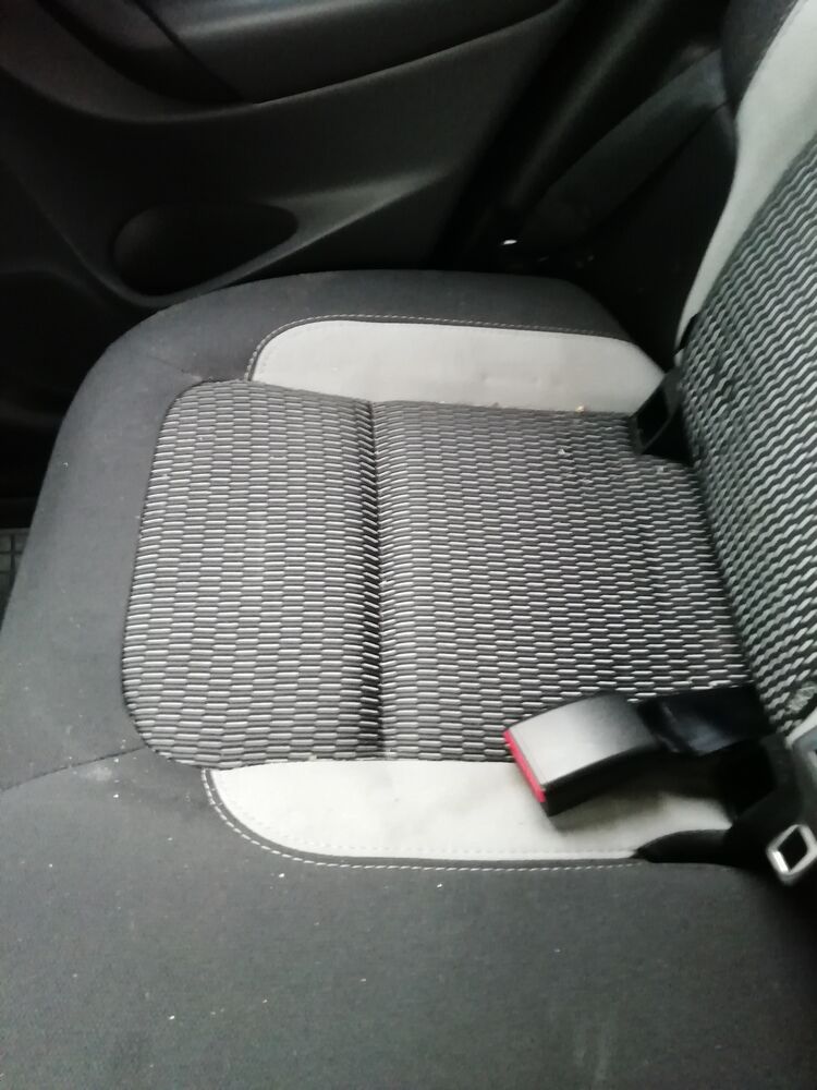 Almohadón del asiento trasero de un C3 con migas y polvo, antes de la limpieza